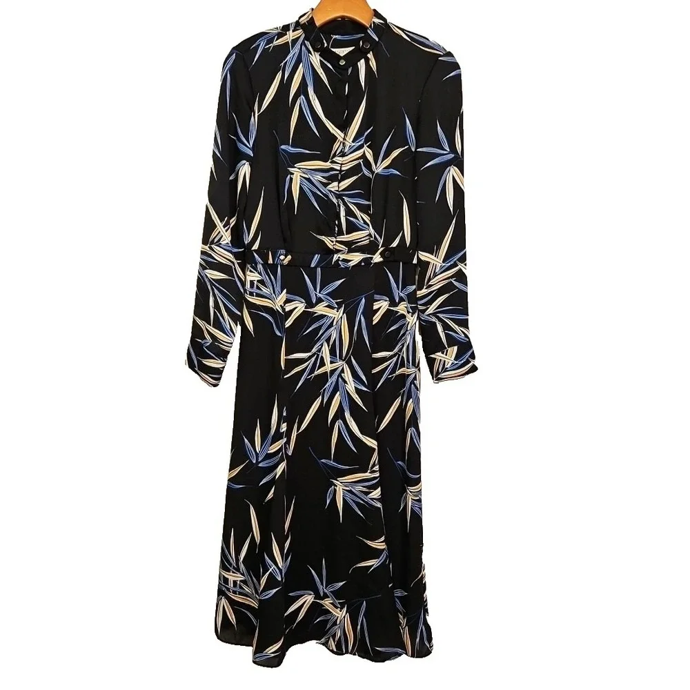 Equipment Sabenne Black Long Sleeve Maxi Dress Size 2 Leaf Print Vacation Cruise